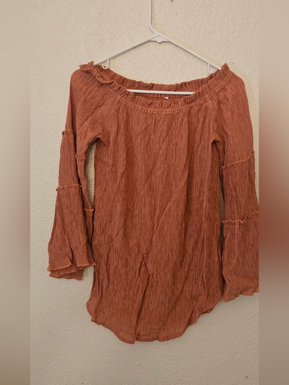 DRESS fits like a M. Rust Orange Off-Shoulder Ruffled Sleeve Women's dress!
